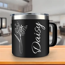 Custom Stainless Steel Vacuum Cup With Flower Pattern, Can Be Personalized With Name, Handles, Lid, Keeps Drinks Hot/Cold, Traveling Tumbler, Birthday/Couples Gift, Car Cup