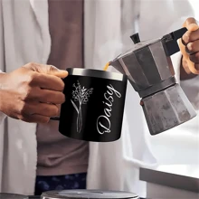 Custom Stainless Steel Vacuum Cup With Flower Pattern, Can Be Personalized With Name, Handles, Lid, Keeps Drinks Hot/Cold, Traveling Tumbler, Birthday/Couples Gift, Car Cup