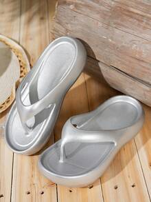 Women's New Summer Fashionable Non-Slip Soft Bottom Wedge Flip Flops, Suitable For Outdoor Wear - Silver - View 5