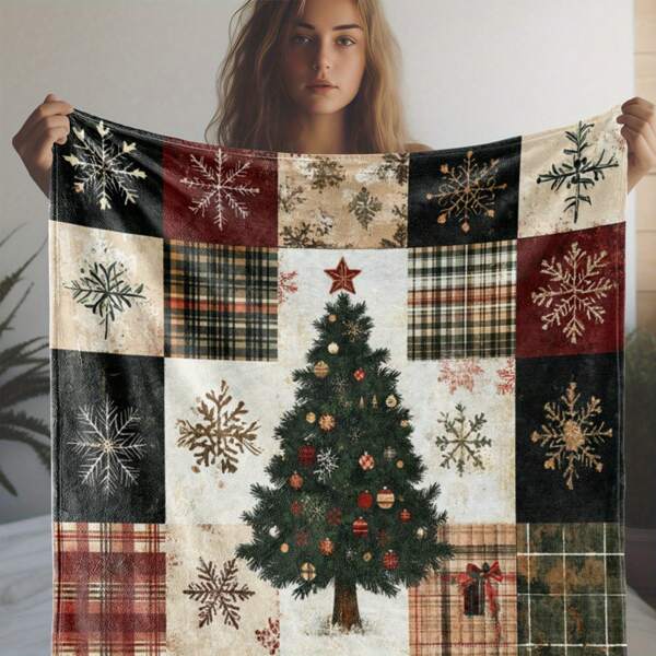 Cobertor aconchegante de lã de flanela Sherpa com padrão de árvore de Natal e floco de neve - macio, quente, multiuso para sofá, cama, escritório e viagens - presente de Natal perfeito, confortável em todas as estações