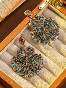 复古珠宝彩色水晶热带雨林猴子和鸟耳环，奢华夸张时尚欧美风格耳环 - 墨綠色 - 查看 2