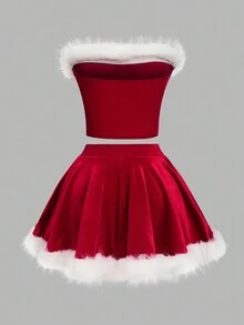 2pcs/Set Women's Christmas Outfit Fluffy Bow Decor Cropped Top And Mini Skirt Suit For Fashion - Red - View 2
