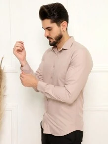Microlight Long Sleeve Slim Fit Dress Shirt, Wrinkle Free, Ironed, Factory Ironed - 卡其色 - 查看 4