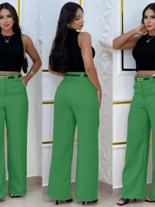 Wide Leg Tailored Dress Pants With Thin Belt - Green Flag - View 3