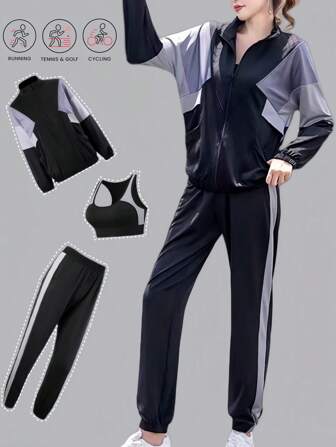 3-częściowy zestaw sportowy dla kobiet, bluza z kapturem z zamkiem błyskawicznym i spodnie haremowe, strój do biegania na świeżym powietrzu