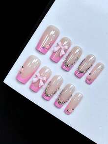 24 móng tay giả hình vuông màu hồng kiểu Pháp, thiết kế nơ 5 cánh màu hồng ngọc trai giả, tối giản và ngọt ngào, thích hợp cho các buổi hẹn hò, hàng ngày, đi làm, công sở, thường ngày, sinh nhật, năm mới, giáng sinh, đồng phục học sinh, có thể tái sử dụng - Màu Hồng baby - Xem 2