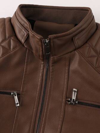 LEDUNTINO Men's Fashion Zipper Casual Outdoor Thick Fleece Motorcycle Leather Jacket, Sports Style, Solid Color, Bomber Jacket, Boyfriend Gift, Men's Autumn/Winter Stand Collar, Motorcycle Style, Textured Shoulders, Windproof, Windbreaker Leather Jacket Spring/Autumn Coat