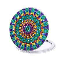 1个DIY曼陀罗钻石画化妆镜盒，9种款式，2.83英寸/7.2厘米，PU皮革外壳，双面可用，便携可折叠，水晶钻石画口袋镜，花卉主题，不对称设计，艺术工艺工具，女士钻石画化妆镜套装 - 彩色 - 查看 16