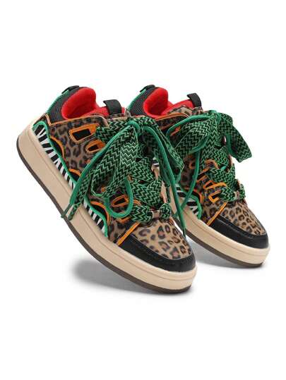 秋冬四季户外女舒适时尚情侣大码低帮鞋豹纹嘻哈拼色街头平底运动鞋