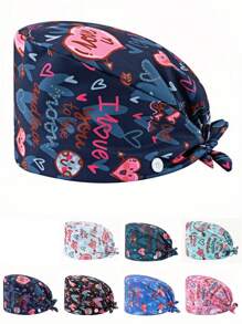 1 pieza Gorro de enfermera con estampado de carta de amor de poliéster para mujeres, antibacteriano y antipolvo, diseño de correa elástica ajustable, banda transpirable interior, gancho para la mascarilla, adecuado para médicos, enfermeras, salón de belleza, veterinaria y trabajadores de limpieza