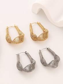 1 对时尚优雅扭曲不对称线圈设计 18k 镀金不锈钢耳环适合女性日常佩戴 - 金色 - 查看 8