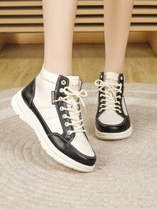 新款秋冬女士高帮休闲鞋，厚底轻便舒适防滑踝靴，时尚系带软底中帮运动鞋 - 黑色 - 查看 6