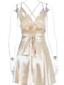 Vestido corto de fiesta elegante satinado - Beis - Ver 4