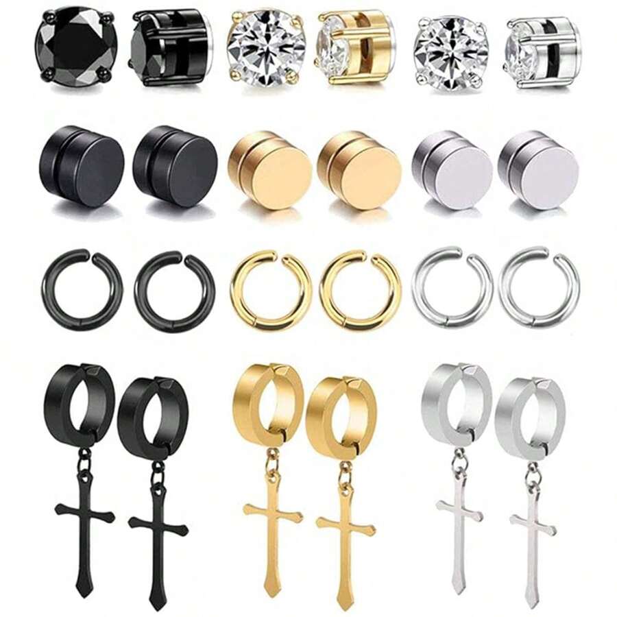 12 Pairs Stud Earrings Stainless Steel Earring For Men Women Clip On