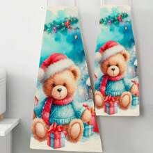 1 件圣诞圣诞熊 3D 图案亚麻围裙，适合家庭烹饪、厨房穿着和烹饪爱好者 - 彩色 - 查看 6