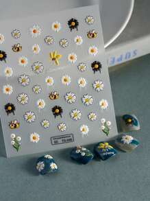 1 قطعة ملصقات أظافر زخرفية جديدة بتصميم نحلة كرتونية مرتفعة 5D وزهرة البابونج الصيفية، بنقشة زهرة البابونج البيضاء والنحلة الجميلة متعددة البتلات، ملصقات أظافر لاصقة ذاتيًا 5D مثالية لتصميم فن الأظافر الساحر، اكسسوارات فن الأظافر DIY