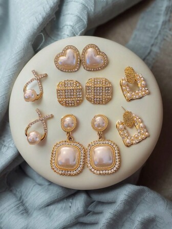 5 件/套奢华心形空心立方体十字鱼尾珍珠水晶耳环，复古设计精致女士耳环套装，适合日常和节日佩戴