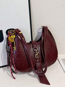 Small Handbag For Women, Retro Style Shoulder/Hand Bag With Pendant, Fashionable For Autumn/Winter - Burgundy - View 5