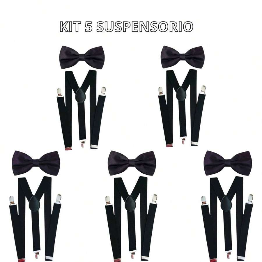 Kit 5 Suspenders 5 Bow Ties Children's Page Boy Graduation Wedding Groom Congress Baptism Various Colors - 黑色 - 查看 1