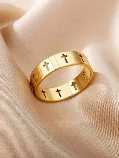 1pc Minimalist Stainless Steel Cross-Shaped Hollow Ring, Unisex, Suitable For Daily Wear, Christmas, New Year, Valentine's Day And Holiday Gifts