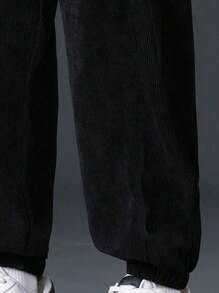 1pc Tween Boy Versatile Casual Daily Outdoor Sports Personalized Corduroy Drawstring Pants, Autumn/Winter - Black - View 5