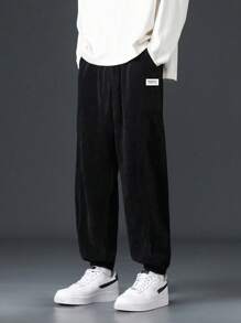 1pc Tween Boy Versatile Casual Daily Outdoor Sports Personalized Corduroy Drawstring Pants, Autumn/Winter - Black - View 3