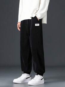 1pc Tween Boy Versatile Casual Daily Outdoor Sports Personalized Corduroy Drawstring Pants, Autumn/Winter - Black - View 1