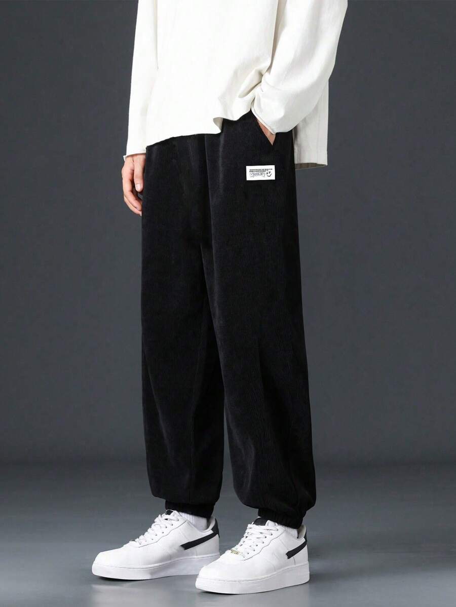 1pc Tween Boy Versatile Casual Daily Outdoor Sports Personalized Corduroy Drawstring Pants, Autumn/Winter - Black - View 1