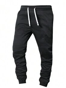 Pantalones cargo holgados de hombre unicolor con múltiples bolsillos, pantalones deportivos con cordón para uso en exteriores