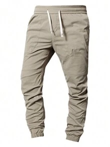 Pantalones cargo holgados de hombre unicolor con múltiples bolsillos, pantalones deportivos con cordón para uso en exteriores