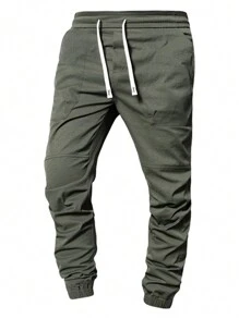 Pantalones cargo holgados de hombre unicolor con múltiples bolsillos, pantalones deportivos con cordón para uso en exteriores