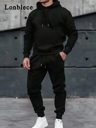 Lonblece 2pcs Men Hoodie Sweatshirt And Knit Pants Set, Casual Sports Outfit, Fall Clothes