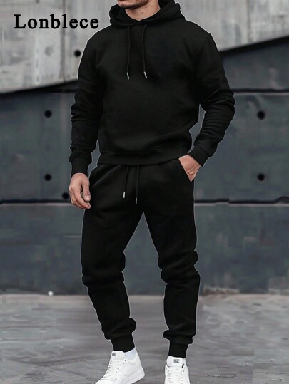 Lonblece 2pcs Men Hoodie Sweatshirt And Knit Pants Set, Casual Sports Outfit, Fall Clothes