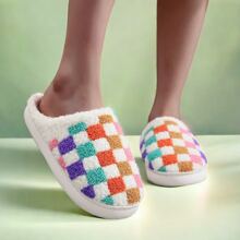 Fashionable Checkered Winter Indoor Warm Embroidered Cute Multi-Colored Checkerboard Pattern White Headcover Thick Bottom Fleece Thicken Slippers, Holiday Gift - White - View 2