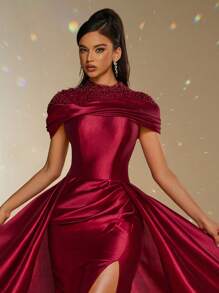 Smilprince Vestido Longo de Cetim Borgonha Elegante com Desenho Drapeado de Ombro com Contas, Vestido de Noite Formal com Fenda Alta, Vestido de Baile Longo e Luxuoso para Mulheres, Vestido de Festa, Vestido de Convidado de Casamento