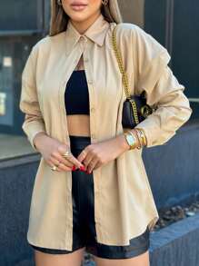 Women's Shirt Black White T-Shirt Wears Long Sleeve Viscolinho Blouse Elegant Social - Lạc đà - Xem 5