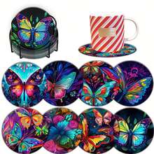 8 件/套昆虫蝴蝶图案钻石画杯垫套装，闪亮水钻耐热饮料杯垫带支架，适合初学者和成人的 DIY 杯垫工艺品，人造钻石艺术用品和礼物 - 彩色 - 查看 8