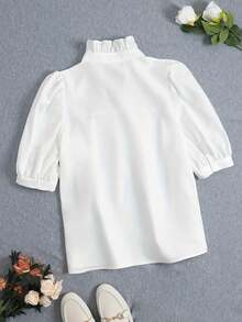 Unity Women Ruched Detail Cute V-Neck Solid Casual Mid-Sleeve Shirt, Suitable For Spring & Summer, White - White - View 2
