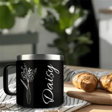 Cốc cách nhiệt bằng thép không gỉ tùy chỉnh có thiết kế hoa, tên cá nhân, tay cầm, nắp chống rò rỉ cho du lịch, sinh nhật, cặp đôi, xe hơi, cốc cà phê, giữ đồ uống nóng/lạnh - Tháng Hai Đen - Xem 5