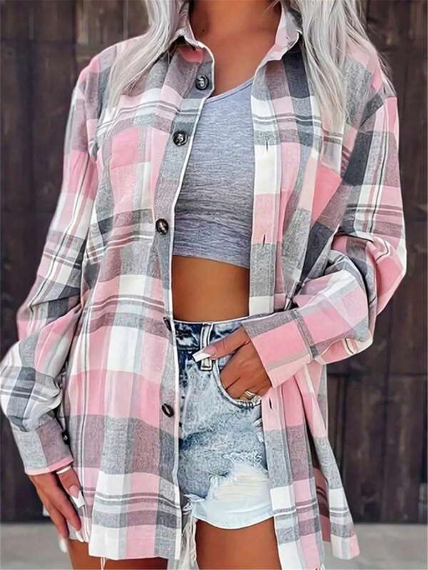 Plus Size Women's Classic Plaid Collar Long Sleeve Shirt