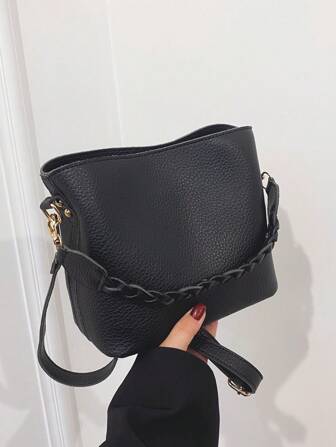 1個 無地レトロファッショナブル ニット 素朴なジッパーバケットバッグ、ショルダー/クロスボディ/ハンドバッグ、日常使いに適しています