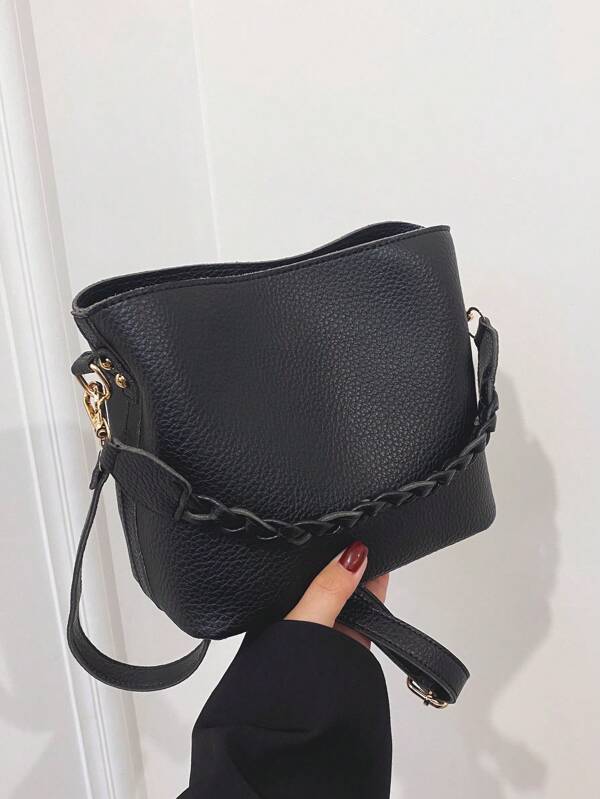 1pc Solid Color Retro Fashionable Knitted Zipper Casual Minimalist Bucket Bag, Shoulder/Crossbody/Handbag, Suitable For Daily Use