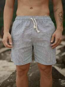 Men's Striped Linen Shorts Mauricinho With Comfortable Drawstring Premium Quality - Màu xanh hải quân - Xem 2