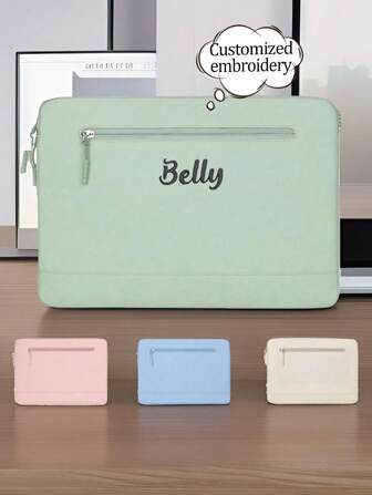 Text Embroidery Custom Solid Color Simple And Elegant Notebook And Tablet Bag Protective Bag Notebook Large Capacity Storage Bag Portable For Travel, Work Commuting, Student Class Notebook Storag