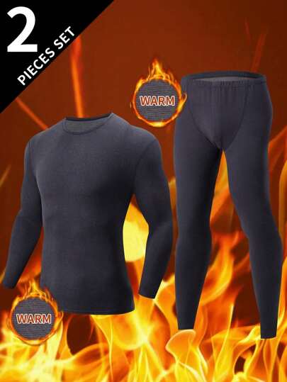 2pcs Men's Fashion Thermal Underwear Set, Autumn Winter Base Layer Knitted Sweater & Pants