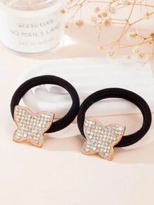 2 dây buộc tóc hình trái tim và hình bướm trang trí đá Rhinestone nhỏ và thanh lịch - Vàng - Xem 3