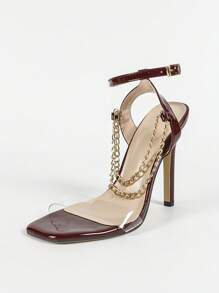 Women's Transparent Glass Buckle Strap Metal Chain Square Open Toe High Heel Sandals, Elegant Luxurious Fashion Party Sexy Burgundy High Heels