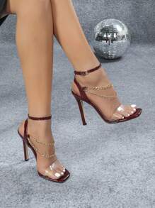 Women's Transparent Glass Buckle Strap Metal Chain Square Open Toe High Heel Sandals, Elegant Luxurious Fashion Party Sexy Burgundy High Heels