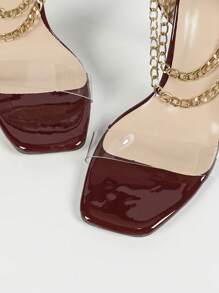 Women's Transparent Glass Buckle Strap Metal Chain Square Open Toe High Heel Sandals, Elegant Luxurious Fashion Party Sexy Burgundy High Heels