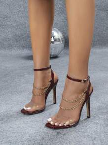 Women's Transparent Glass Buckle Strap Metal Chain Square Open Toe High Heel Sandals, Elegant Luxurious Fashion Party Sexy Burgundy High Heels